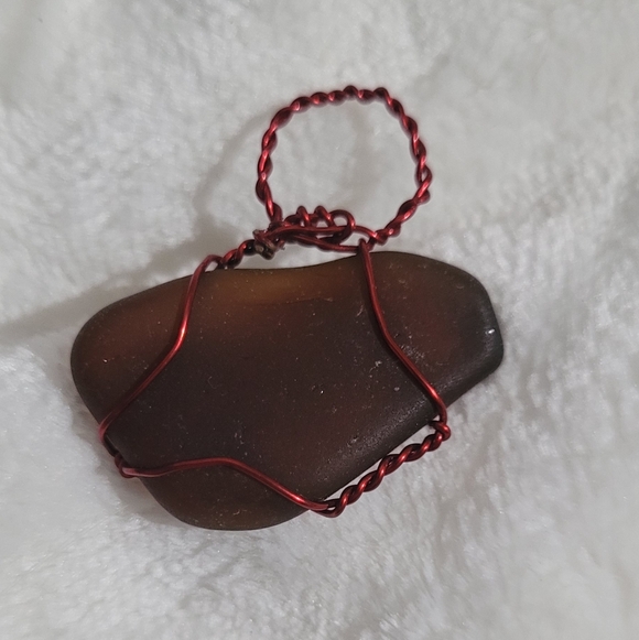 Amber Beer Bottle Sea Glass Pendant With Red Wire Wrap.- 1 inch - Picture 3 of 3